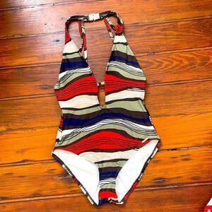 Vince Camuto plunge V neck Tidal striped one piece swim suit sz M